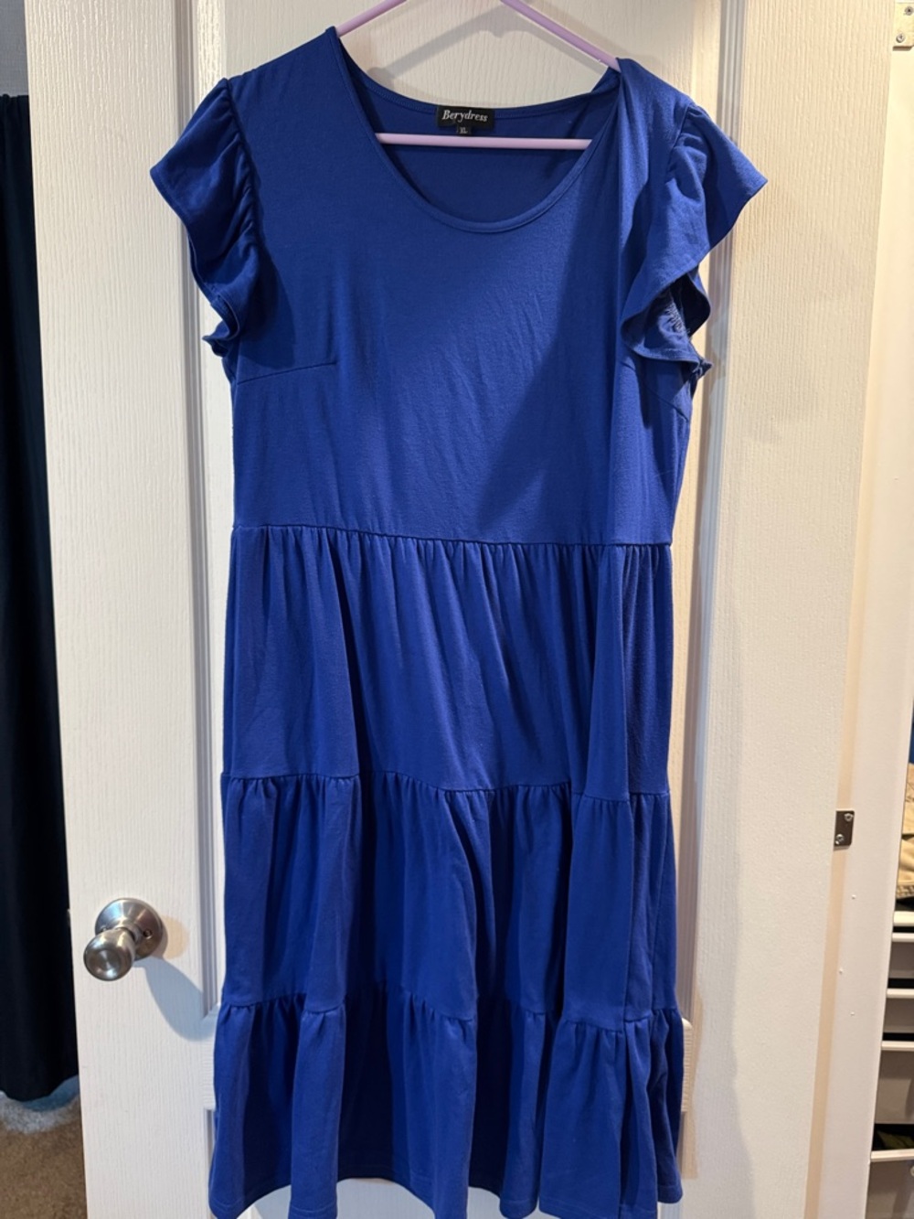 Womens Royal Blue Tiered Ruffle Sleeve Dress